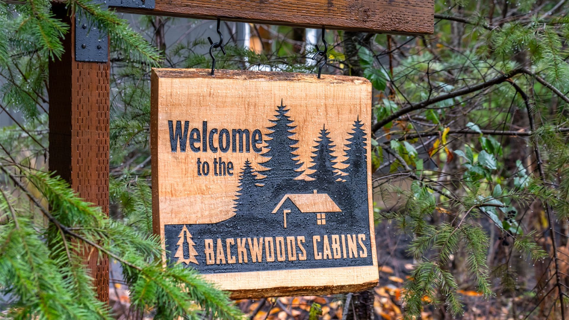 Wooden sign reading "Welcome to the Backwoods Cabins," surrounded by greenery.