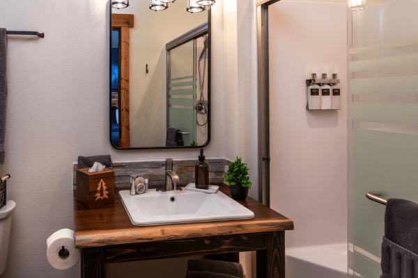 Bright cabin bathroom with a wood vanity, large mirror, modern sink, and clean, simple finishes.
