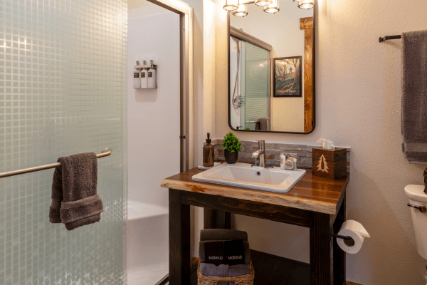 Bright cabin bathroom with a wood vanity, large mirror, modern sink, and clean, simple finishes.