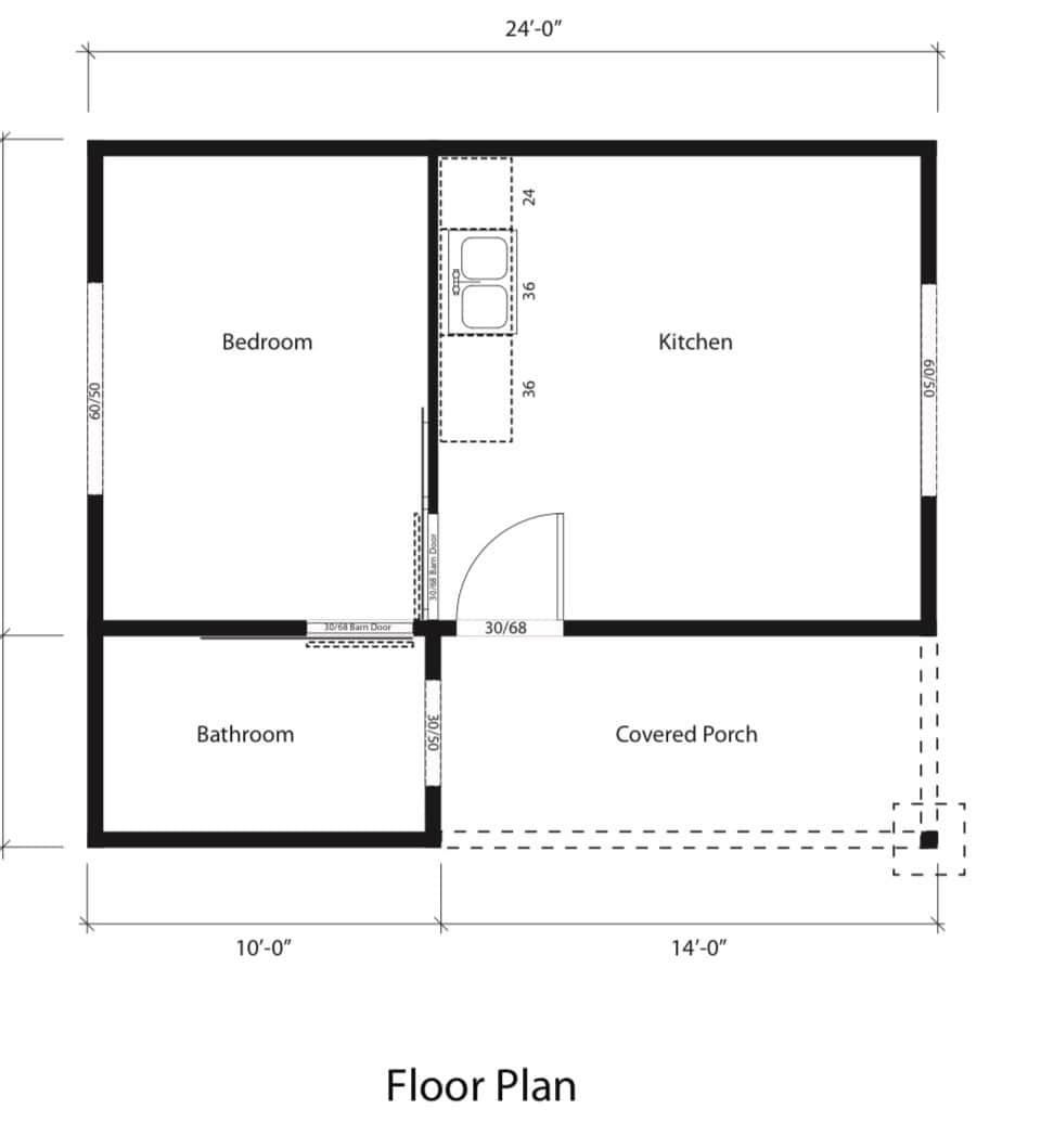 Floor plan showing the layout of the cabin with a bedroom, bathroom, kitchen, and covered porch.
