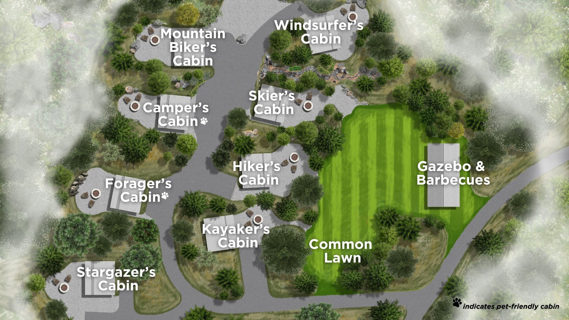 Map of a cabin retreat showing different themed cabins and a common lawn area with a gazebo and barbecue facilities.