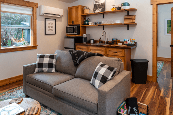 Cabin living area with a sofa, kitchenette, wood finishes, and a window overlooking the trees.