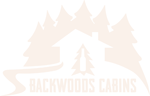 Logo for Backwoods Cabins featuring pine trees and a cabin silhouette.