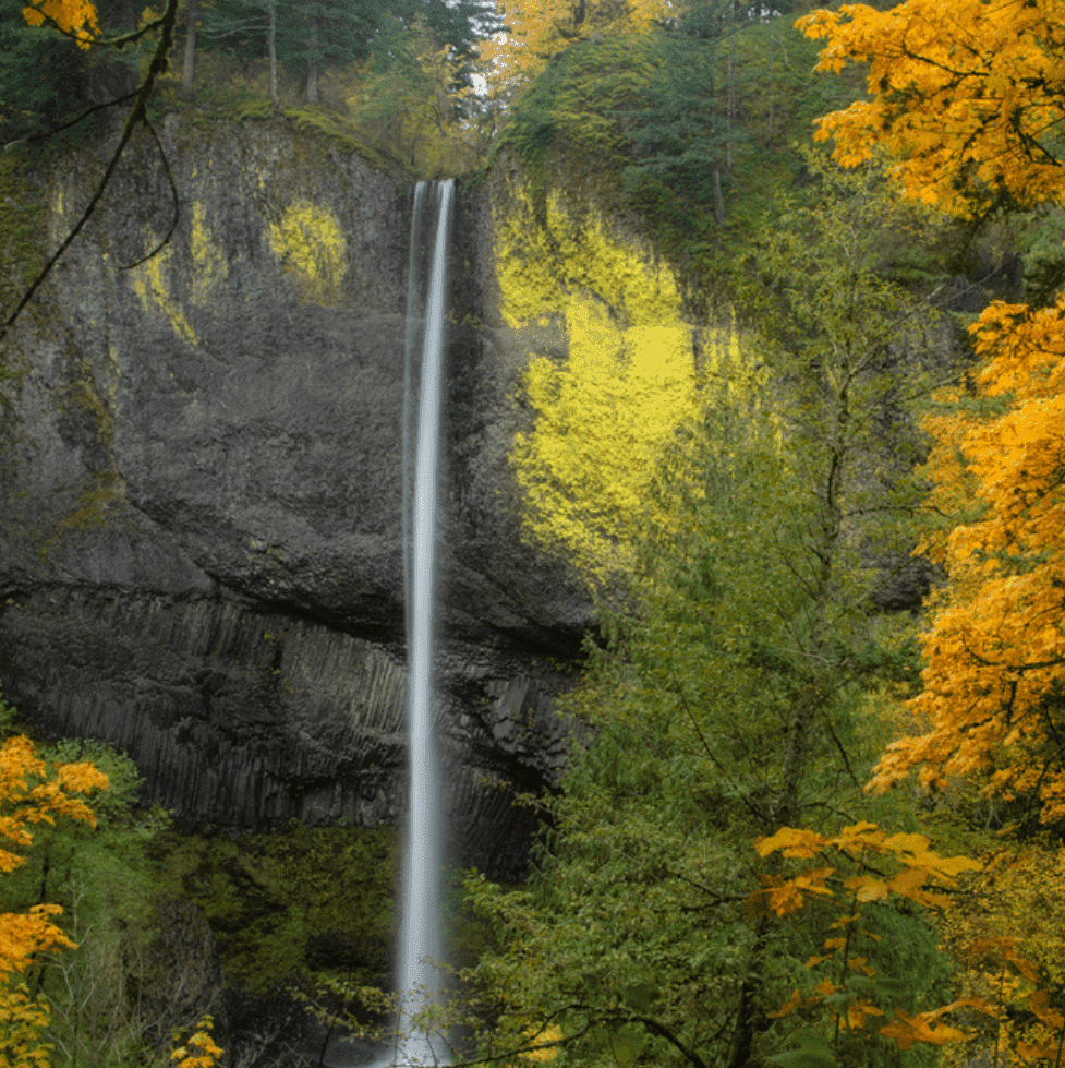 This is Latourell Falls in the Columbia River Gorge. The image was taken in Autumn.