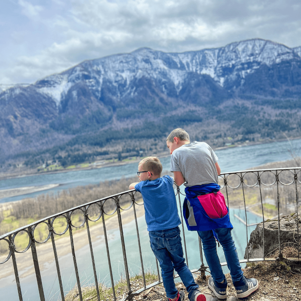 Image of two young boys at railing overlooking a lake with snowcapped mountains in the distance in Carson Washington