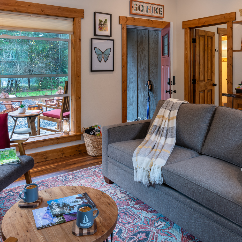 Image of loveseat and and accommodations with a view of the Cascade forest out the window at Backwoods Cabins in Carson, Washington